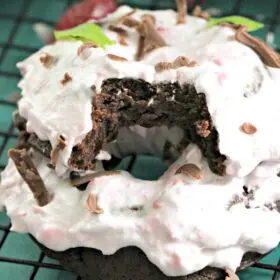 Flourless Chocolate Cake Baked Donuts are puffy and decadent, made with only 3 ingredients, and topped with raspberry coconut whipped cream