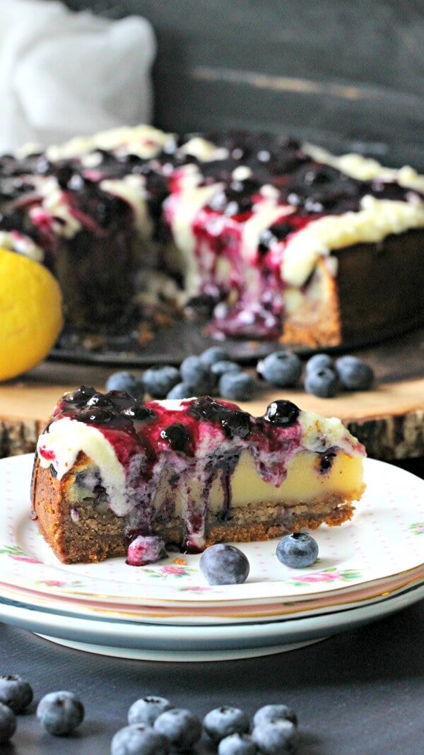 a slice of creamy French Custard Cake with Blueberries