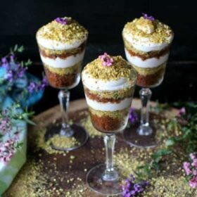 Vegan Carrot Halwa Pistachio Trifle features layers of vegan carrot halwa, pistachios and coconut whipped cream. It makes for a healthy, yet indulgent dessert or snack.