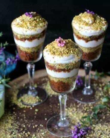 Vegan Carrot Halwa Pistachio Trifle features layers of vegan carrot halwa, pistachios and coconut whipped cream. It makes for a healthy, yet indulgent dessert or snack.