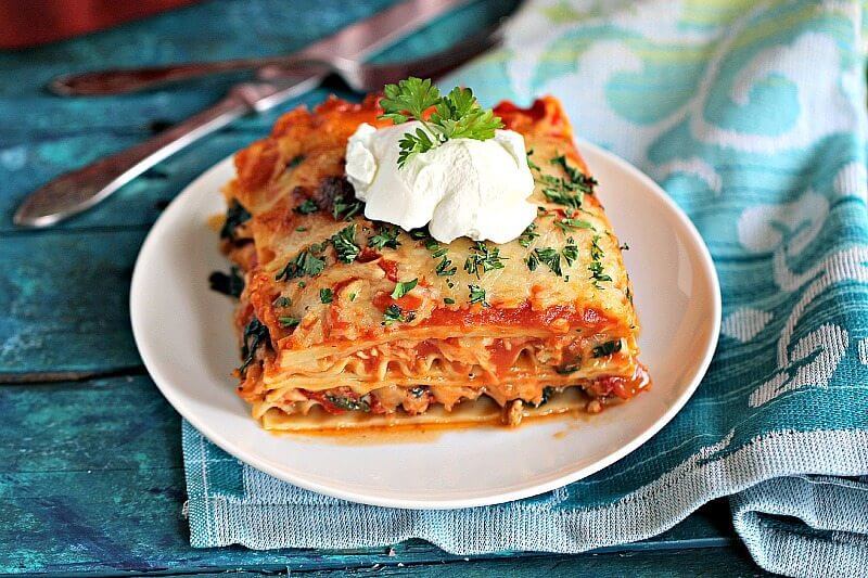Image of homemade chicken spinach lasagna.