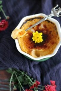 Pumpkin pie creme brulee is a French classic dessert transformed to sweeten your Thanksgiving table with its pumpkin flavor and crunchy top.