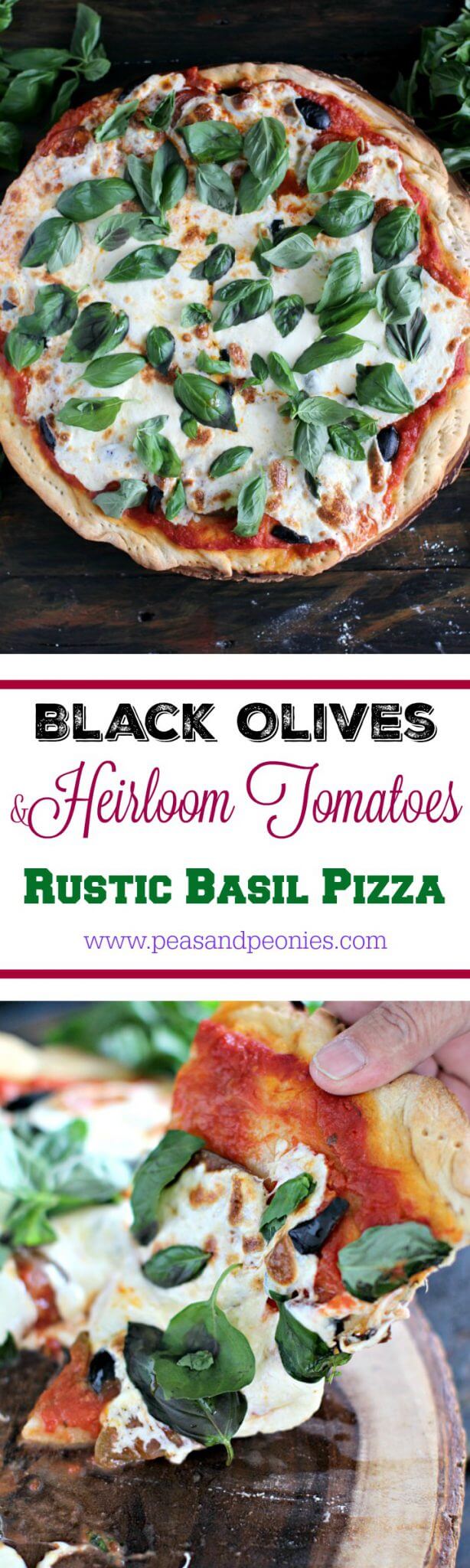 Heirloom Tomatoes Pizza with Black Olives is easy to make, vegetarian and delicious. Topped with fresh mozzarella cheese and lots of fresh basil.