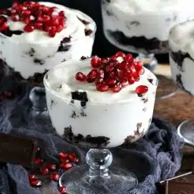Brownie Trifle with Butterscotch Pudding is a decadent and easy to make pudding, topped with fresh pomegranate arils for a pop of color.