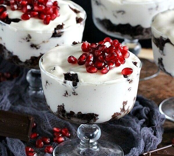 Brownie Trifle with Butterscotch Pudding is a decadent and easy to make pudding, topped with fresh pomegranate arils for a pop of color.