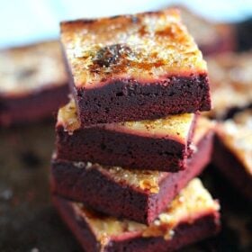 Red Velvet Creme Brulee Brownies are the perfect combo of rich, decadent chocolate, creamy vanilla and caramelized crunchy sugar.