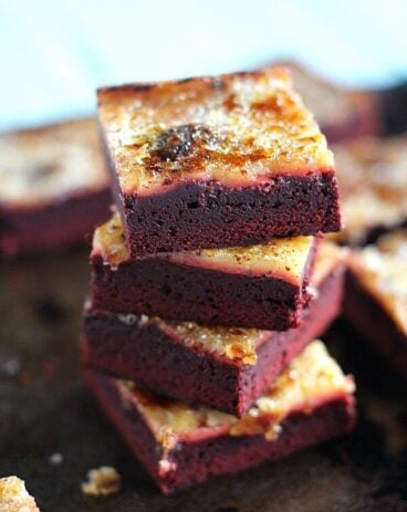Red Velvet Creme Brulee Brownies are the perfect combo of rich, decadent chocolate, creamy vanilla and caramelized crunchy sugar.