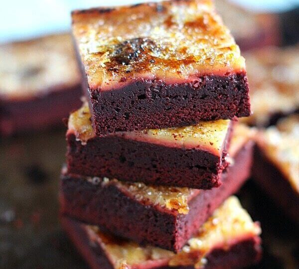 Red Velvet Creme Brulee Brownies are the perfect combo of rich, decadent chocolate, creamy vanilla and caramelized crunchy sugar.