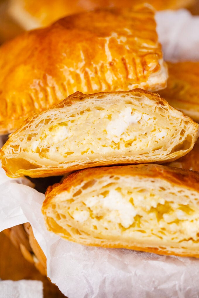 Homemade puff pastry cheese pockets.