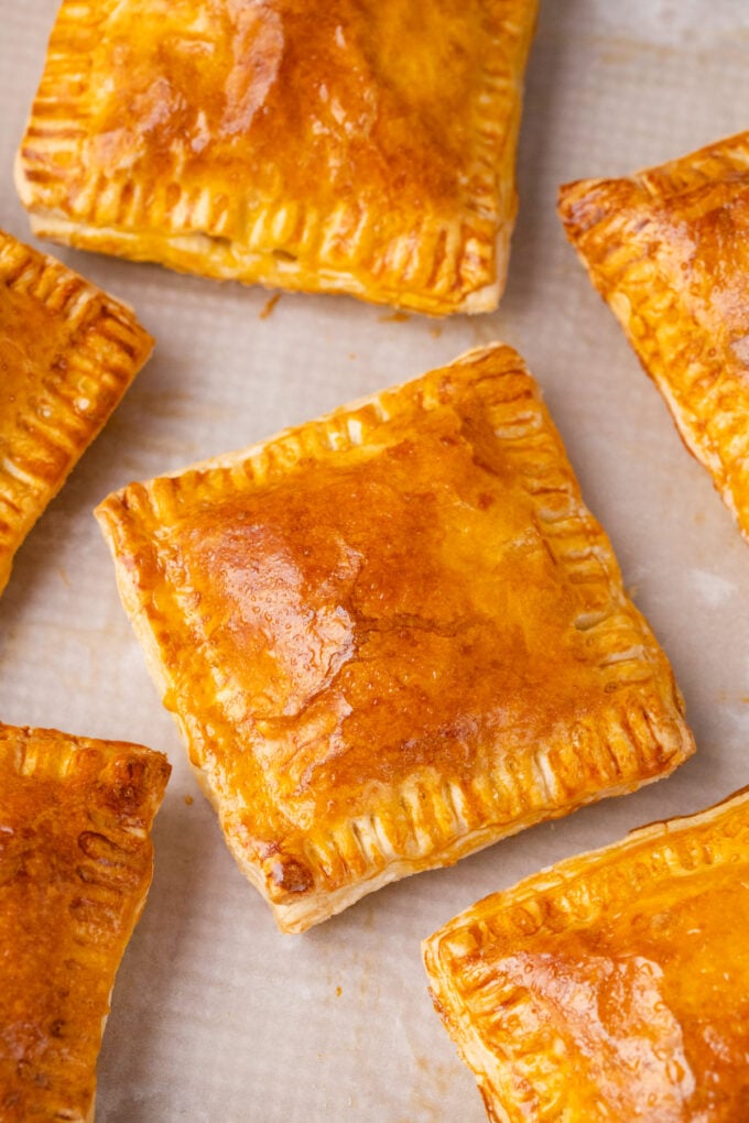 Miniature puff pastry cheese pockets.