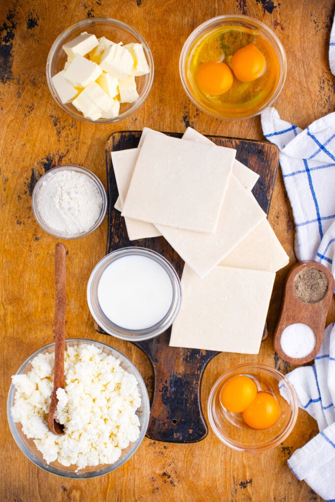 Overhead shot of puff pastry cheese pockets recipe ingredients.