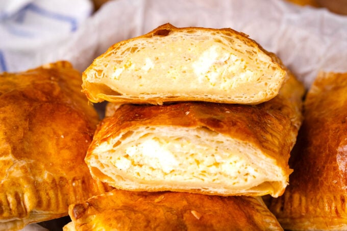 Farmer's cheese stuffed puff pastry cheese pockets.