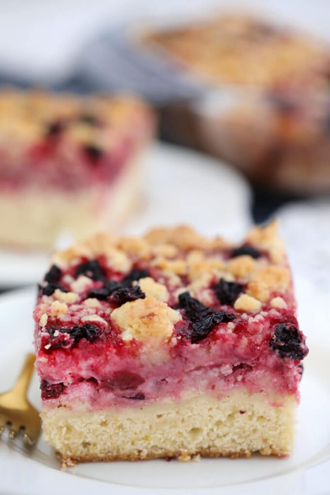 Cherry Cream Cheese Coffee Cake is made with a cake layer topped with a cheesecake filling, juicy cherries and a buttery crumb topping. #coffeecake #brunch #cherries #sweetandsavorymeals #desserts