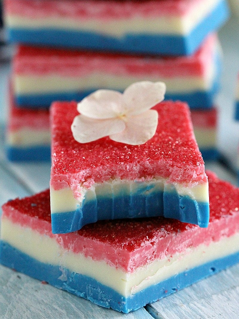 Patriotic Easy Fudge made with only two ingredients, the fudge is no bake and gluten free, all you need is a microwave and some food coloring for a festive twist.