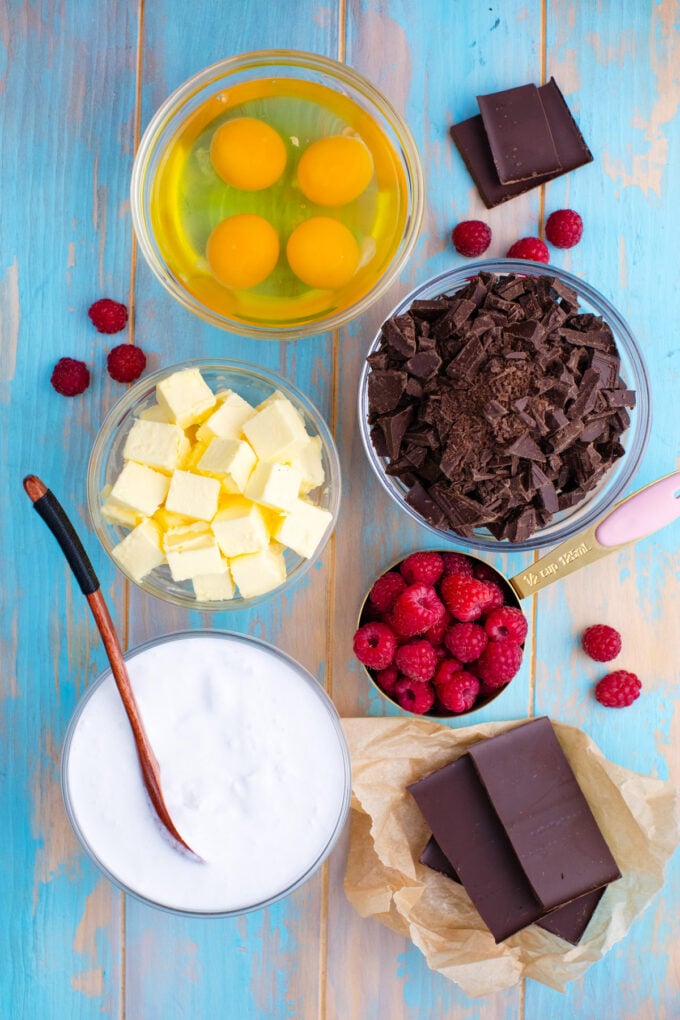 Overhead shot of flourless chocolate cake baked donuts recipe ingredients.