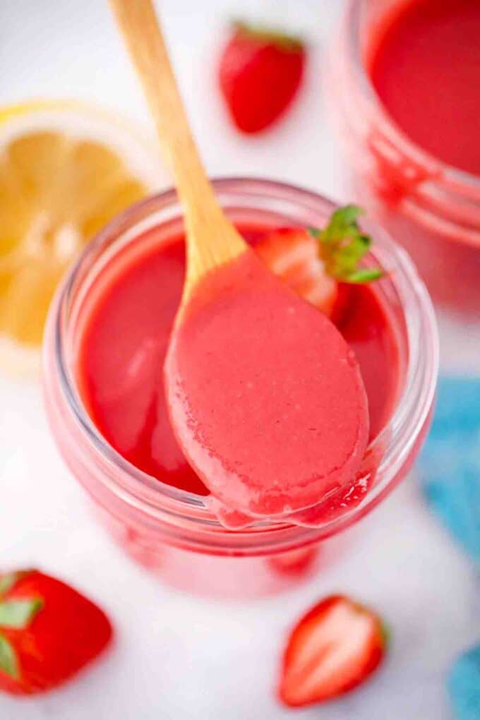 overhead shot of a spoonful of strawberry curd