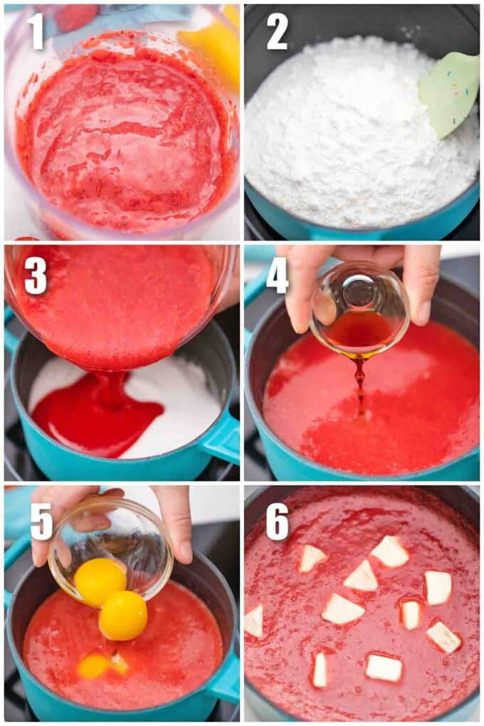 photo collage of steps how to make strawberry curd
