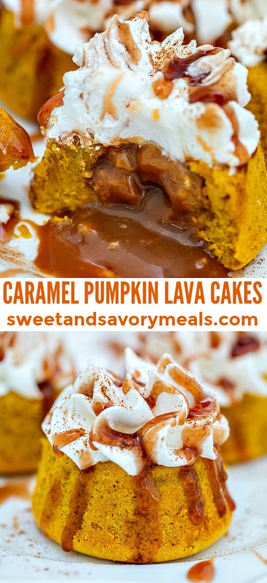 Very easy to make Pumpkin Lava Cakes are stuffed with sweet Dulce de Leche, topped with whipped cream and sprinkled with cinnamon. #pumpkin #lavacakes #dulcedeleche #thanksgiving #sweetandsavorymeals