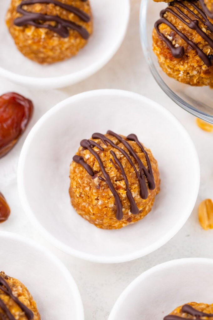 Creamy peanut butter truffles drizzled with chocolate.