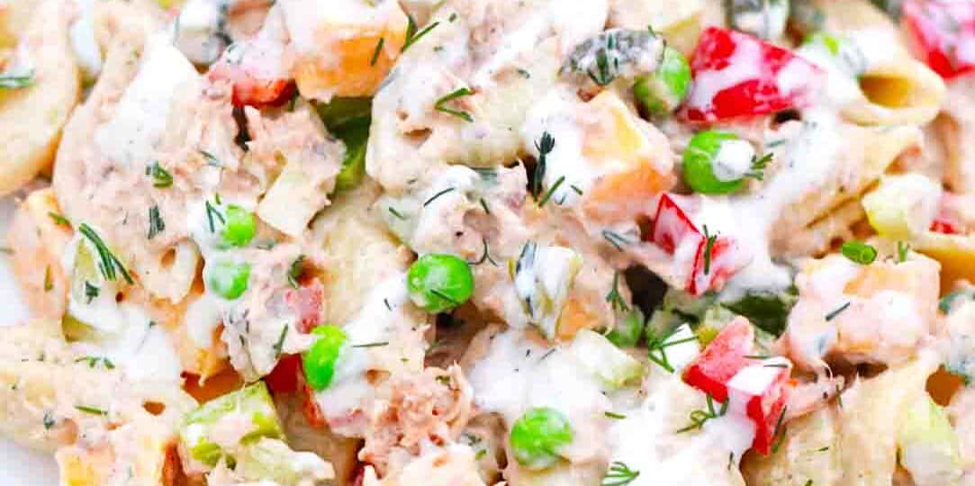 overhead shot of tuna pasta salad in a bowl