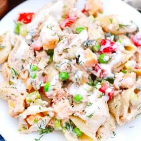 overhead shot of tuna pasta salad in a bowl