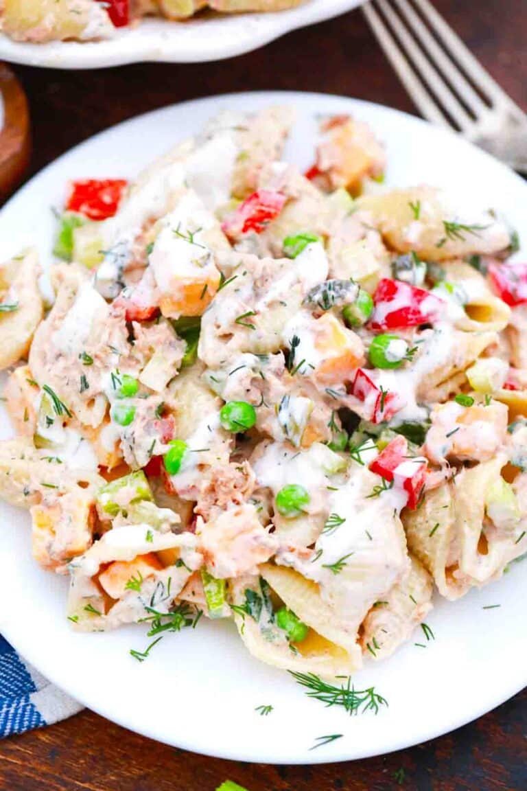 overhead shot of tuna pasta salad in a bowl