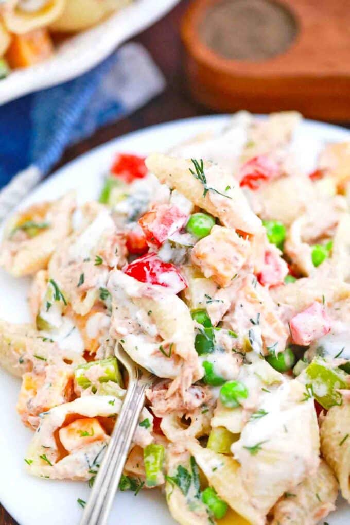 a forkful of tuna pasta salad