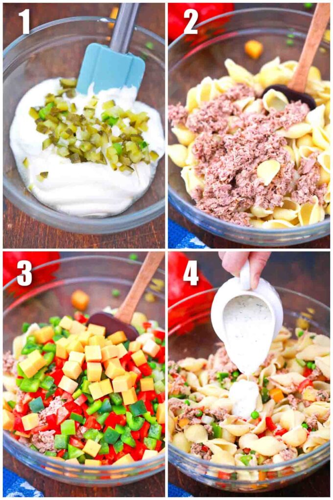 photo collage of how to make tuna pasta salad