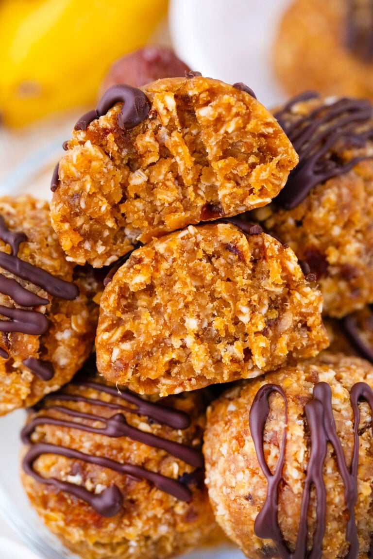 A stack of no-bake peanut butter truffles.