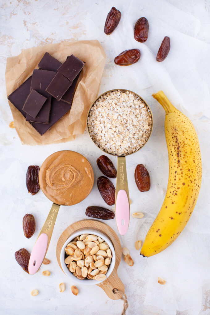 Overhead shot of no-bake peanut butter truffles ingredients.