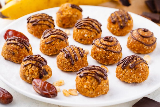 A plate of homemade no-bake peanut butter truffles.