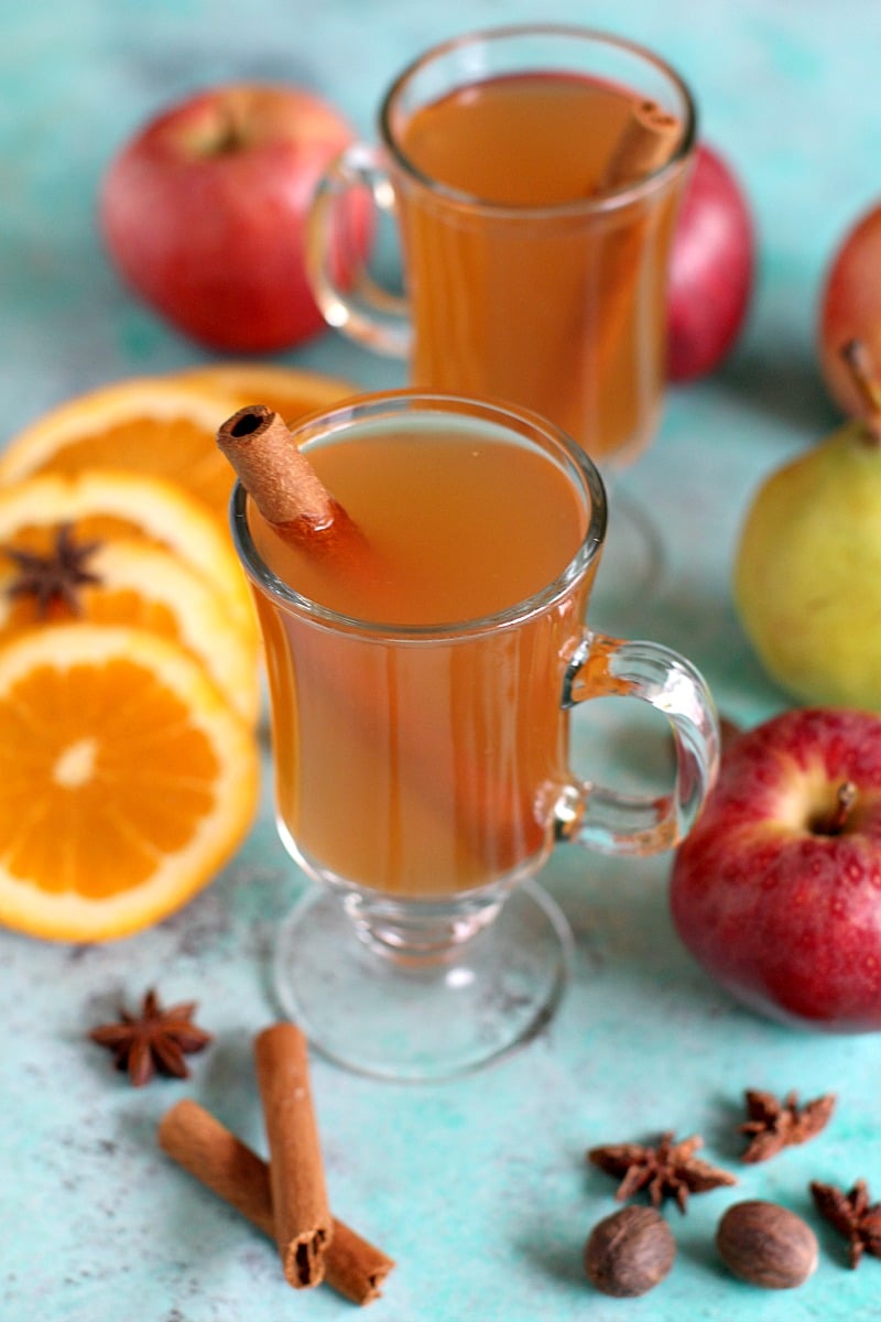 Homemade apple cider with cinnamon sticks in glass cups