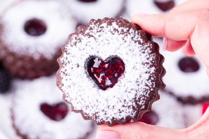 Chocolate Linzer cookies with raspberry jam.