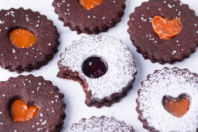 Dulce de leche chocolate Linzer cookies.