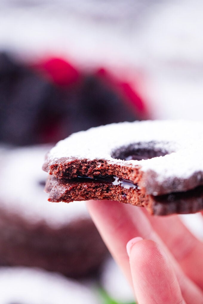 Raspberry jam chocolate Linzer cookies.