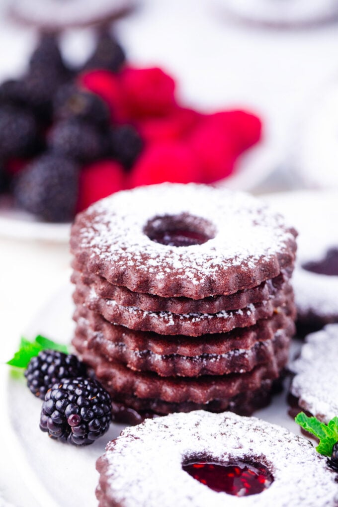 Chocolate Linzer cookies with blackberry jam.