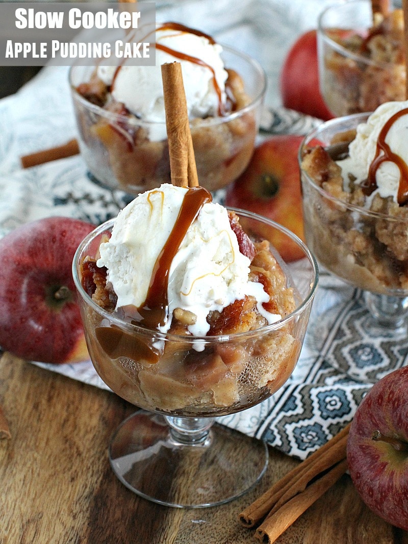 Apple pudding cake topped with vanilla ice cream and caramel 