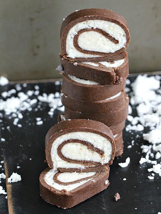 This easy and fun no bake almond joy roll is dense, chocolaty and has a creamy, sweet and smooth coconut filling. A perfect kitchen project for kids and adults.