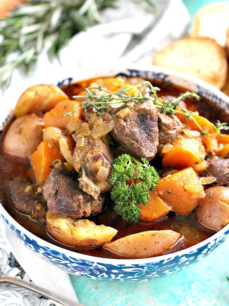 Slow cooker beef stew recipe in a bowl