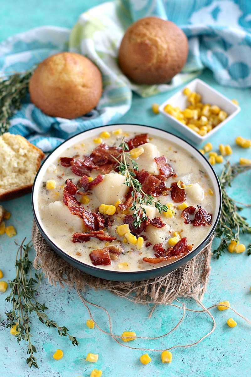 Slow cooker corn chowder with bacon on a plate