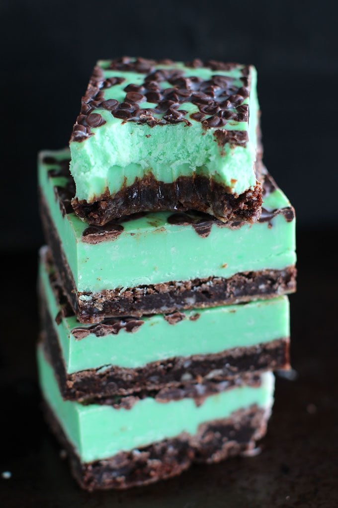 Mint Chocolate Chip Fudge slices on top of each other