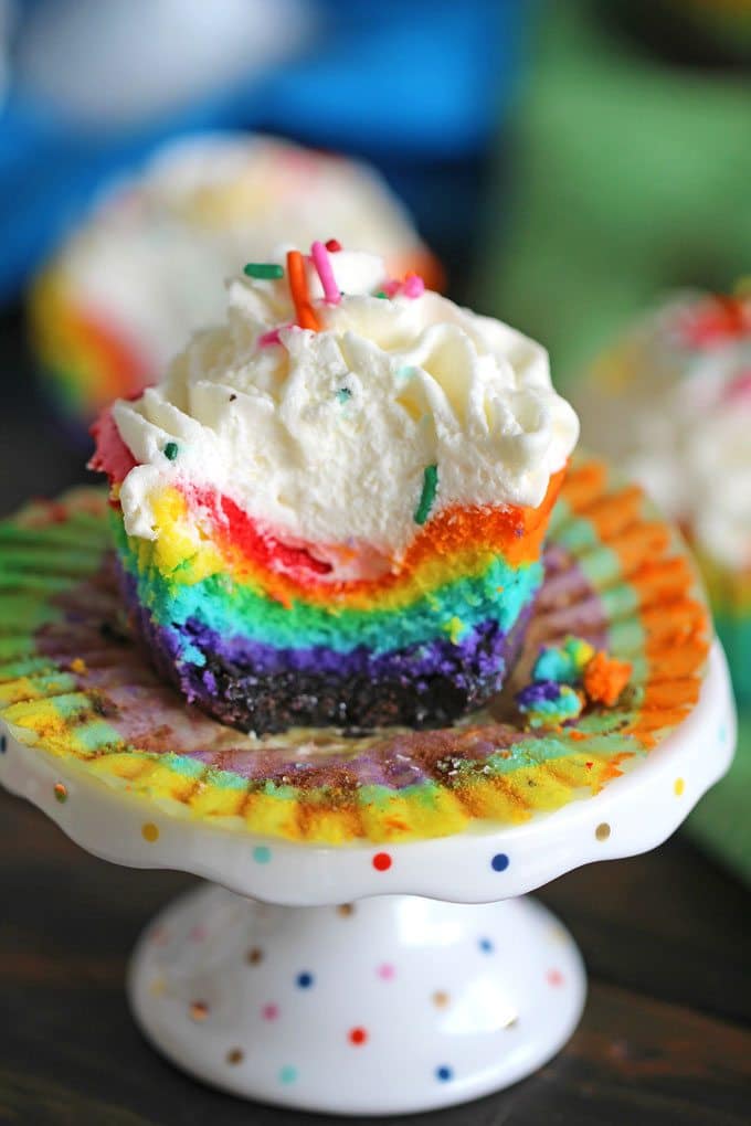 mini Rainbow Cheesecakes on a mini cake stand