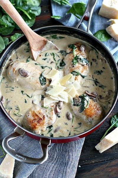 Creamy Parmesan Mushroom Chicken is made easy in One Pan and is ready in 30 minutes. Made with cheese, wine and garlic, it packs lots of flavor.