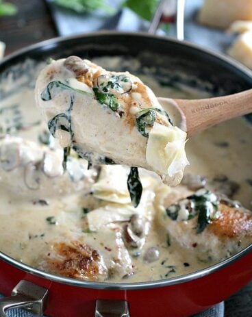 Creamy Parmesan Mushroom Chicken is made easy in One Pan and is ready in 30 minutes. Made with cheese, wine and garlic, it packs lots of flavor.