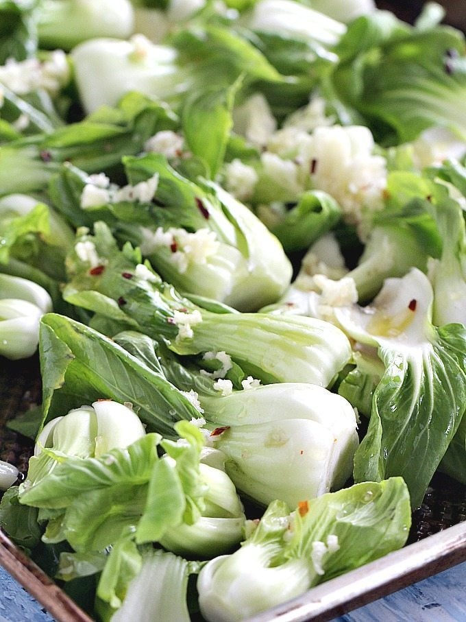 Image of oven roasted bok choy with garlic.