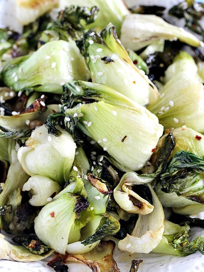 Photo of oven roasted bok choy with sesame seeds.