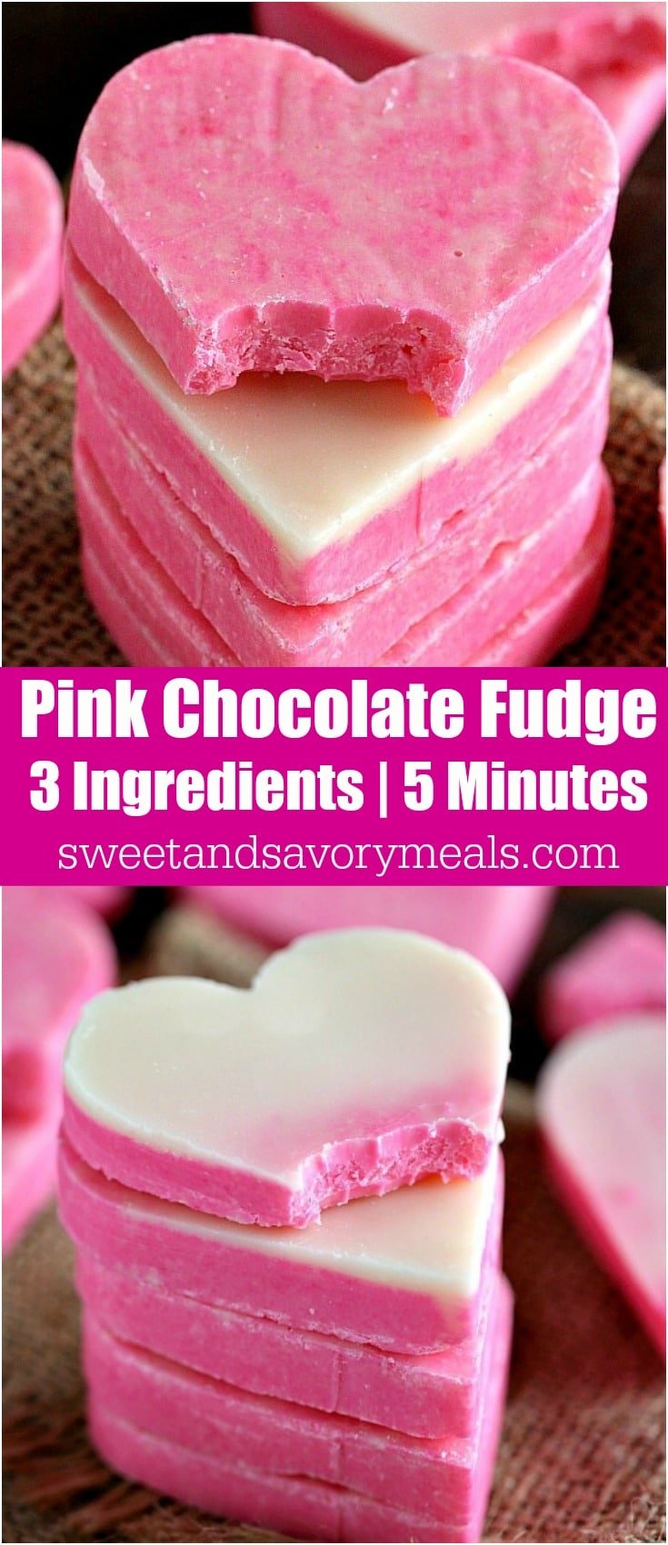 No Bake Pink White Chocolate Fudge is incredibly easy to make and very festive. 3 Ingredients, 5 minutes to get a creamy and irresistible fudge.