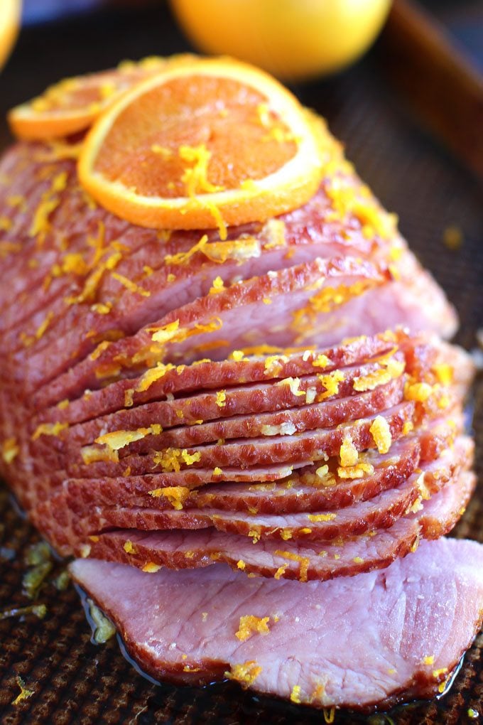 Image of brown sugar ham with orange glaze.