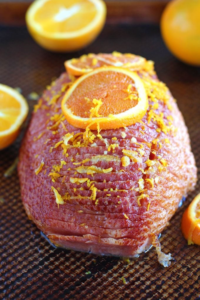 Picture of slow cooker ham with orange glaze. 