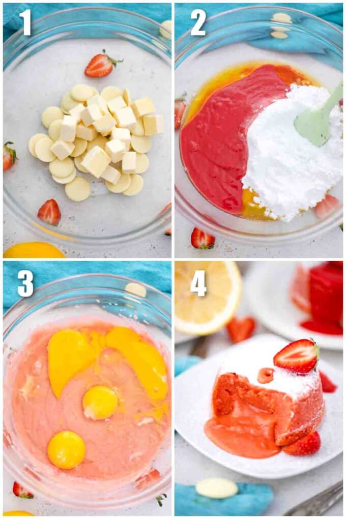 photo collage of steps how to make strawberry lava cake